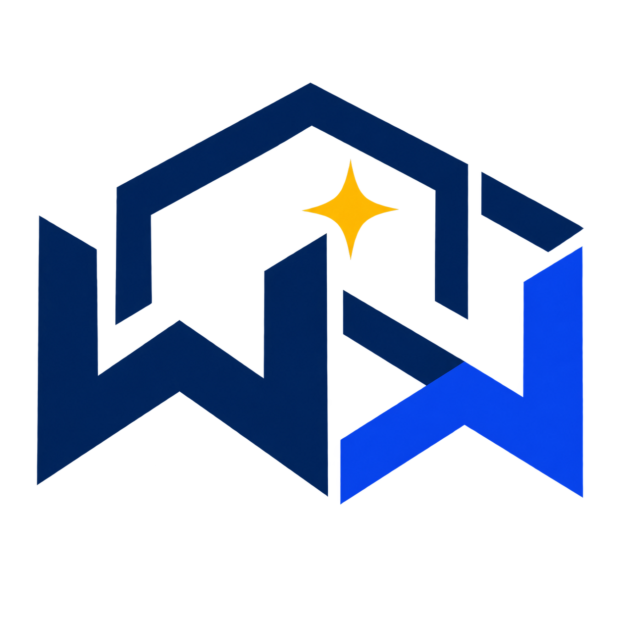 Workspace Wizards blue geometric emblem with a gold sparkle